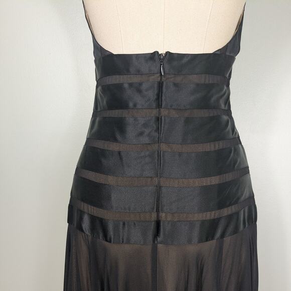 BCBG Maxi Dress Silk Gown 4 Black Tan Y2K  Whimsigoth Goth Sheer Witchy Halter - Picture 6 of 14